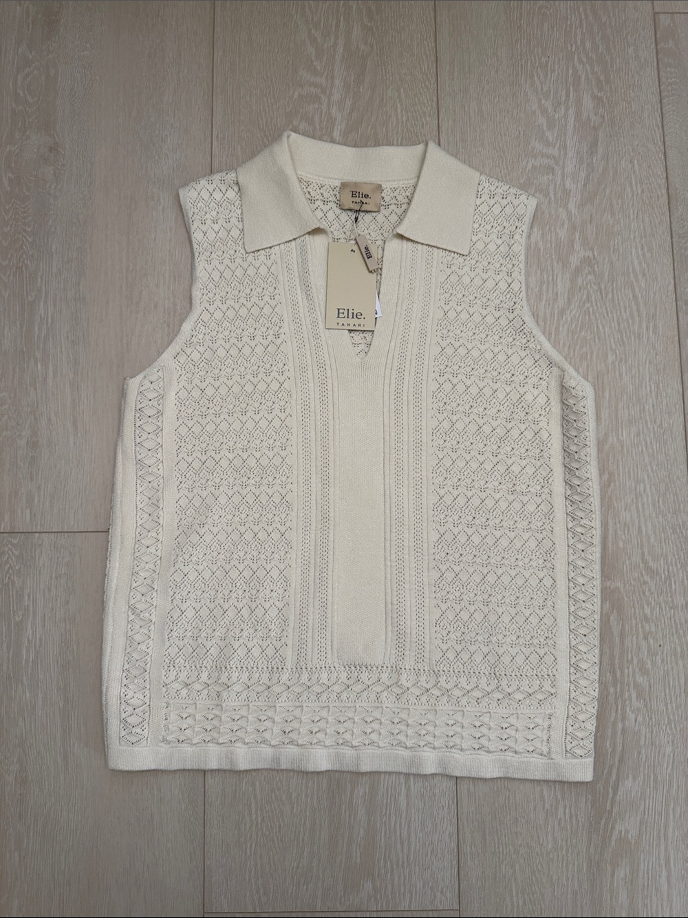 Elie Tahari Ivory Openwork Sleeveless Polo